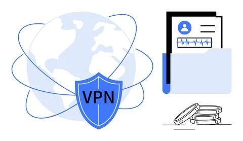 VPN Shield Protecting Global Data with Secure Files and Financial Security Illustrazione stock