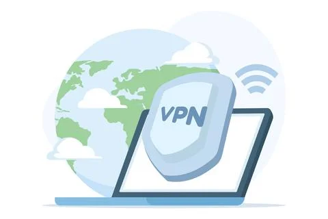 VPN software concept, shield icon, secure connection, encrypted data. Stock Illustration