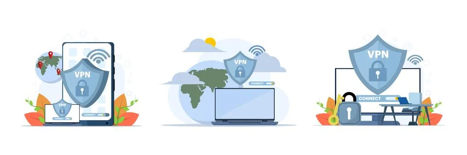VPN technology illustration set with secure connection 스톡 일러스트