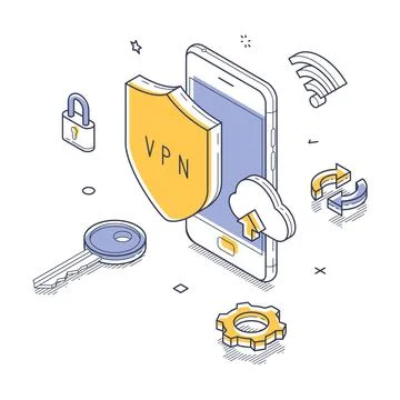 VPN virtual private network user privacy mobile app concept isometric line ve Stock Illustration
