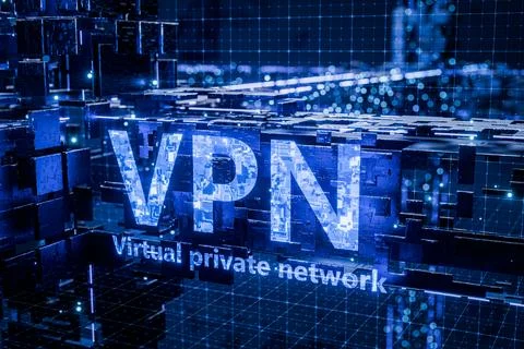 VPN written on a technological background. Concept of internet connection e.. Illustrazione stock