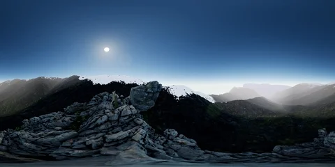 Vr 360 aerial camera moving above rocks in mountains. ready for VR Stock Footage 97449610