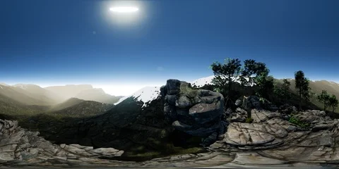 Vr 360 aerial camera moving above rocks in mountains. ready for VR Stock Footage