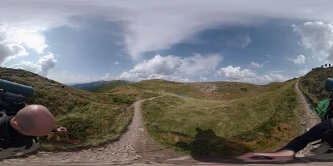 Vr 360 Backpacker walking alone in mountains 8pt. Stock Footage 94717400