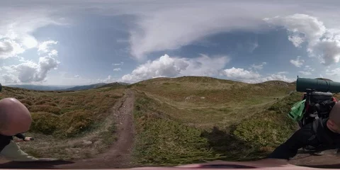 Vr 360 Backpacker walking alone in mountains 9pt. Stock Footage 94717652