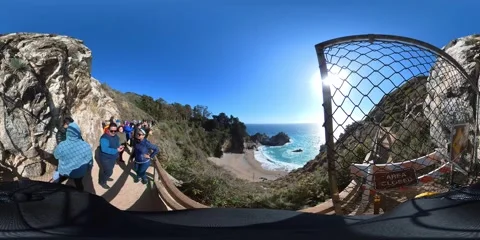 VR 360 Big Sur McWay Fall Hiking POV Equirectangular 05 California Coast USA Video stock 242122502