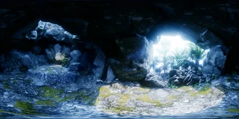 Vr 360 camera moving inside tropical cave in jungle with palms and sun light. Stock Footage 85556042