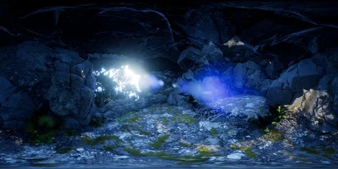 Vr 360 camera moving inside tropical cave in jungle with palms and sun light. VR Stock Footage 93940511