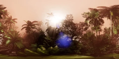 Vr 360 camera moving shot of a lush tropical jungle in a sun with coconuts, VR Stock Footage 89840241