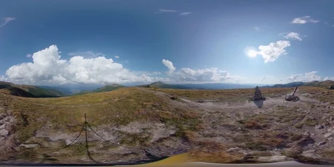 Vr 360 Clouds Timelapse. Tourist traveler in mountains Stock Footage 94285859