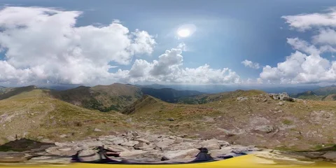 Vr 360 Clouds Timelapse. Tourist traveler in mountains Stock Footage 94290804