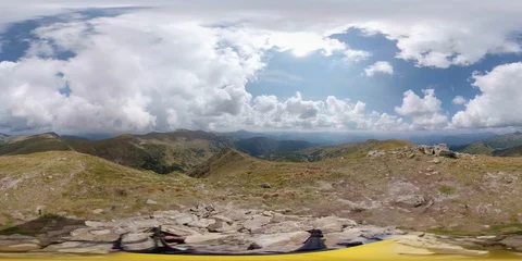 Vr 360 Clouds Timelapse. Tourist traveler in mountains Stock Footage 94291910
