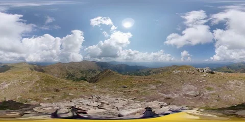 Vr 360 Clouds Timelapse. Tourist traveler in mountains Stock Footage 94294863