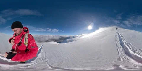 Vr 360 Hiking trail in winter mountain. Climbers traveler in mountains Stock Footage 112576077