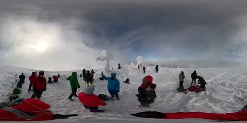 Vr 360 Hiking trail in winter mountain. Climbers traveler in mountains Stock Footage 112576363