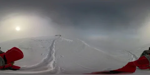 Vr 360 Hiking trail in winter mountain. Climbers traveler in mountains Stock Footage 112576514
