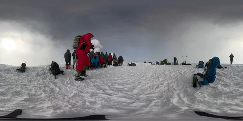 Vr 360 Hiking trail in winter mountain. Climbers traveler in mountains Stock Footage 112576790