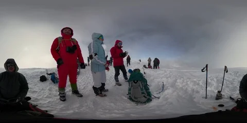 Vr 360 Hiking trail in winter mountain. Climbers traveler in mountains Stock Footage 112576815