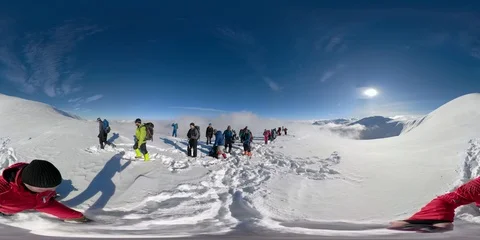 Vr 360 Hiking trail in winter mountain. Climbers traveler in mountains Stock Footage 112577586