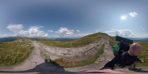 Vr 360 Timelapse Backpacker walking alone in mountains Stock Footage 94683288
