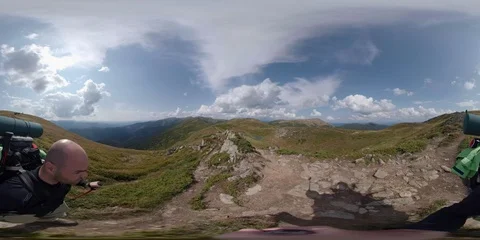 Vr 360 Timelapse Backpacker walking alone in mountains Stock Footage 94694946