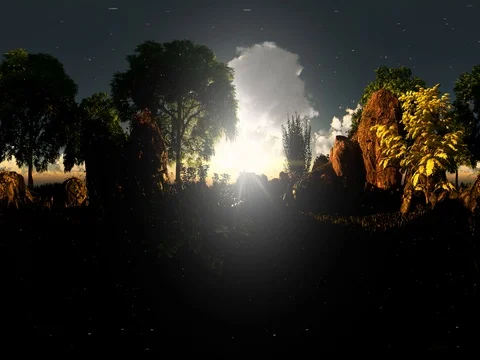 Vr 360. timelapse of cloud sunset and pine trees at rocky field in virtual  Stock Footage 75436399