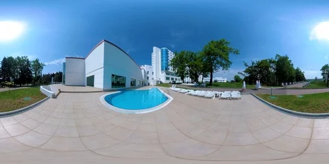 Vr 360 video recreation spa hotel complex, swimming pool, sun beds Stock Footage 89876567
