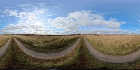 VR 360 View Of Empty Rural Road and fields In Autumn season Stock Footage 304966866