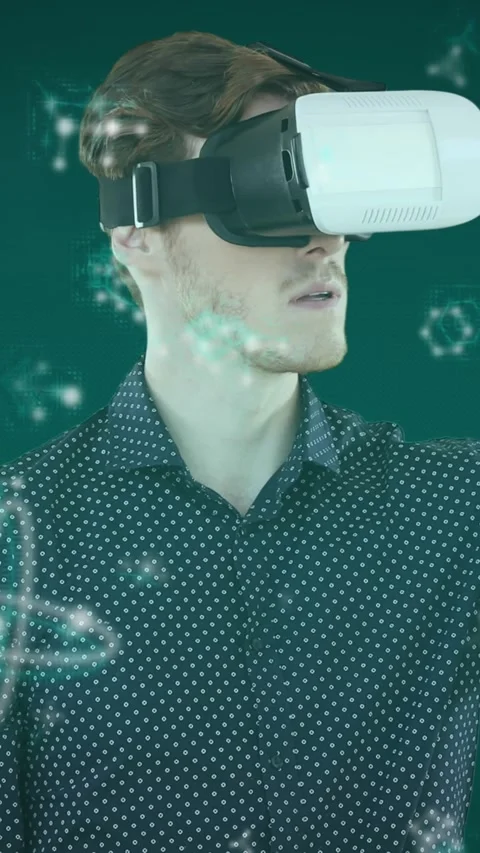 VR animation shows man interacting with molecular icons, symbolizing global tech Stock Footage 342607945