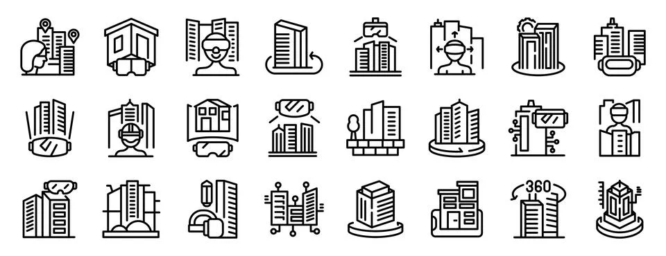 VR architecture icons set. Linear icons illustrating modern urban architectur Stock Illustration