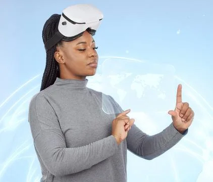 Vr, augmented reality and digital with black woman and 3d hologram for future Stock Photos