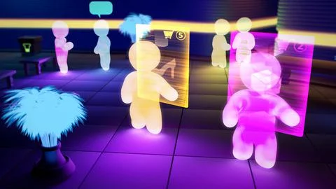 Vr avatars of users buying goods on-line - industrial 3D rendering Stock Illustration