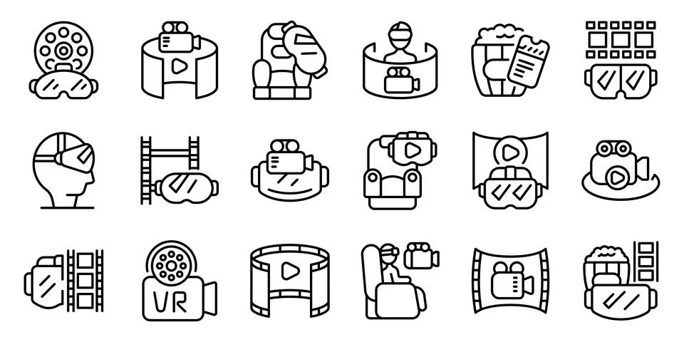 VR cinema icons set. Exploring virtual reality through diverse icon designs Stock Illustration