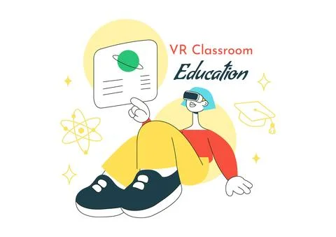 VR Classroom Education Illustration Featuring Students Learning with Virtua.. Stock Illustration