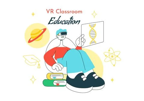 VR Classroom Education Illustration Featuring Students Learning with Virtua.. Stock Illustration
