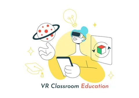 VR Classroom Education Illustration Featuring Students Learning with Virtua.. Stock Illustration