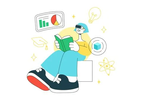 VR Classroom Education Illustration Featuring Students Learning with Virtua.. Stock Illustration