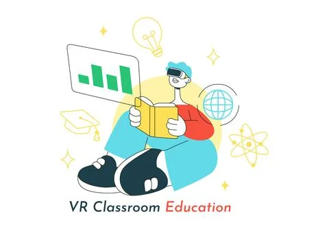 VR Classroom Education Illustration Featuring Students Learning with Virtua.. Stock Illustration