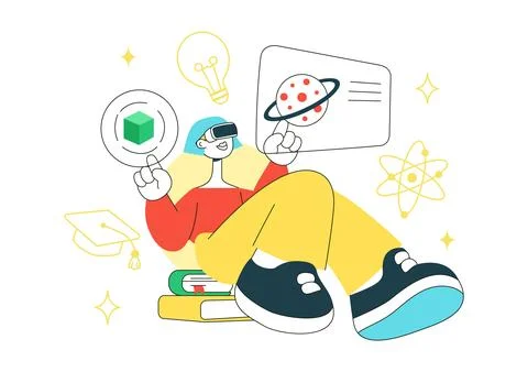 VR Classroom Education Illustration Featuring Students Learning with Virtua.. Stock Illustration