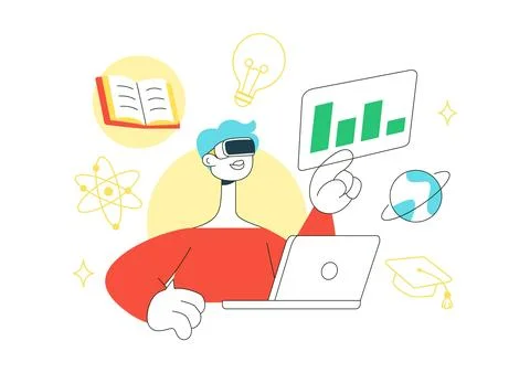 VR Classroom Education Illustration Featuring Students Learning with Virtua.. 库存插图