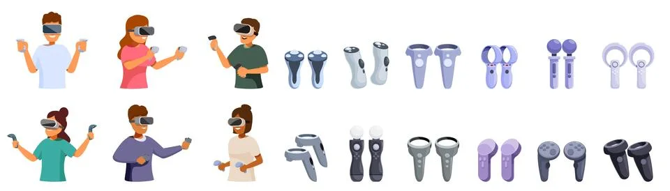 VR controller icons set. People wearing virtual reality headset and holding.. Stock Illustration