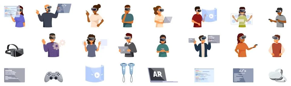 VR developer icons set. People using virtual reality headsets and controlle.. Stock Illustration