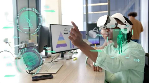 VR developer white headset reaching and pointing, selecting AR human panel and Stock Footage 333255602