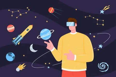 VR digital technology to study universe, man in virtual reality glasses studying Stock Illustration