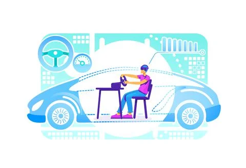 VR driving simulator 2D vector web banner, poster Illustrazione stock