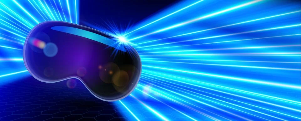 Vr fast linesVirtual reality headset on light rays background. VR banner with 스톡 일러스트