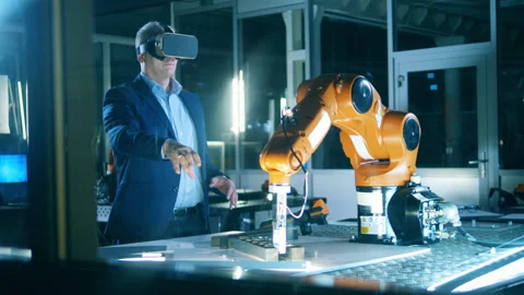 VR, futuristic, virtual reality concept. Engineer wearing VR headset testing Stock Footage 145601823