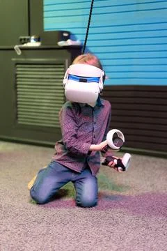 Vr game and virtual reality. kid boy gamer six years old fun playing on futur Stock Photos