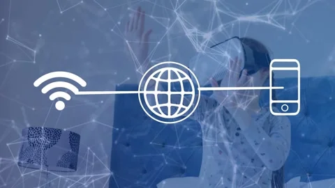 VR girl reaching, adjusting on bed, mesh overlay Wi-Fi globe phone linking to Stock Footage 335281710