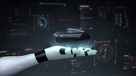 VR glasses with digital interface UI. virtual reality on robot cyborg palm. Stock Footage 69932417